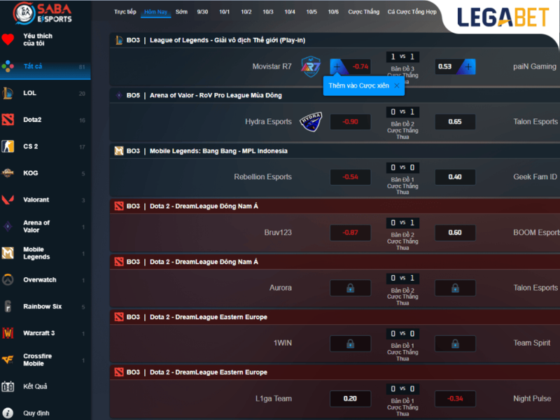 Khám phá giao diện Sportsbook eSports LEGABET